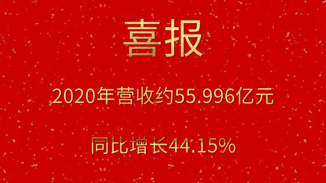 喜报！2020年营收约55.996亿元，，，，，，同比增添44.15%